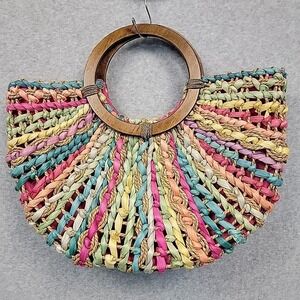 Cappelli Straworld Woven Straw Pastel Rainbow Crescent Handbag Purse Colorful